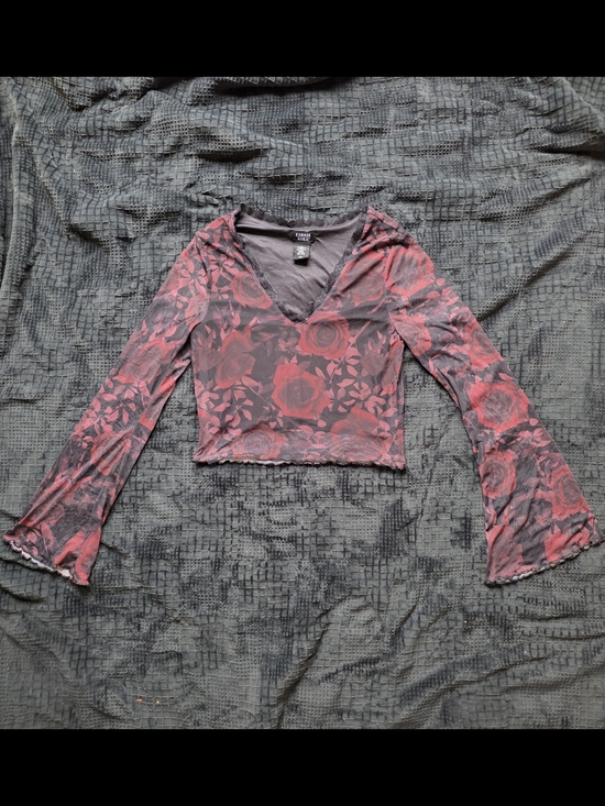 Cosmic Aura Tops - Cosmic Aura Grunge Fairy Rose Mesh Bell Sleeve Crop Top Size L